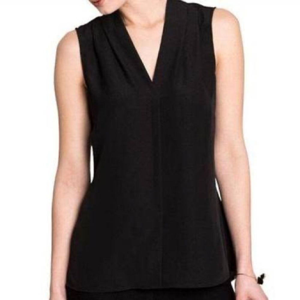 THEORY Hylin Sleeveless Silk Georgette Pleated Top V neck Blouse